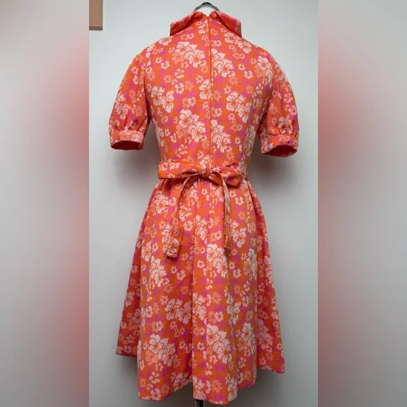 True Vintage 70s Orange Pink White Floral Puff Sleeve Collar Mini Dress Small